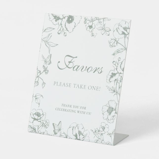 Elegant Sage Green Floral Wedding Favours Pedestal Sign (Front)