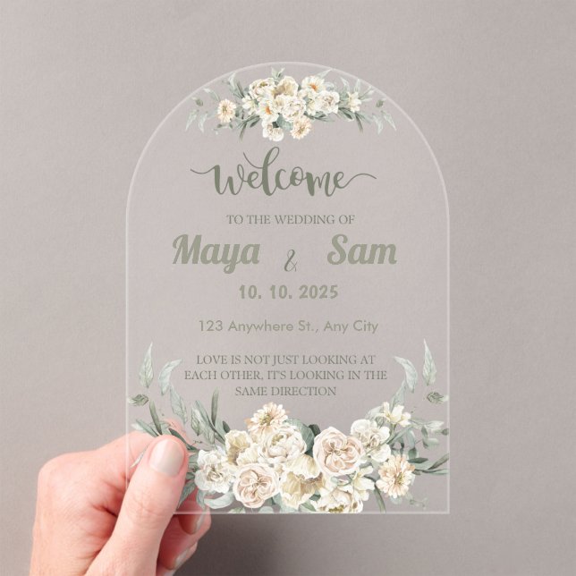 Elegant Sage Green Floral Wedding Sign Acrylic Invitations (Insitu (Handheld))