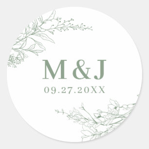 Elegant Sage Green Floral Wreath Monogram Wedding Classic Round Sticker