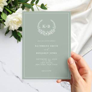 Elegant Sage Green Floral Wreath Monogram Wedding Invitation