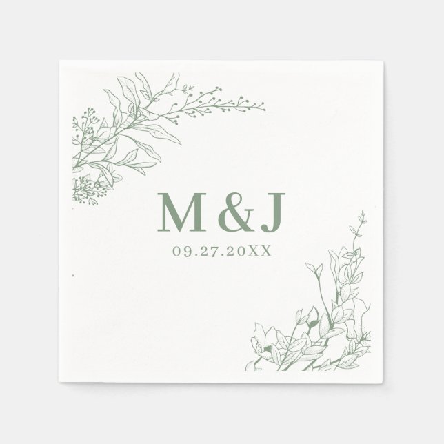 Elegant Sage Green Floral Wreath Monogram Wedding Napkin (Front)
