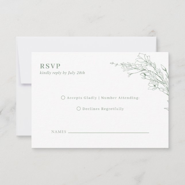 Elegant Sage Green Floral Wreath Monogram Wedding RSVP Card (Front)
