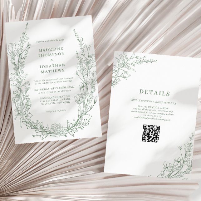 Elegant Sage Green Floral Wreath QR Code Wedding Invitation (Creator Uploaded)