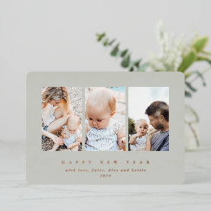 Elegant Sage Green Frame 3 Photo Happy New Year Foil Holiday Card