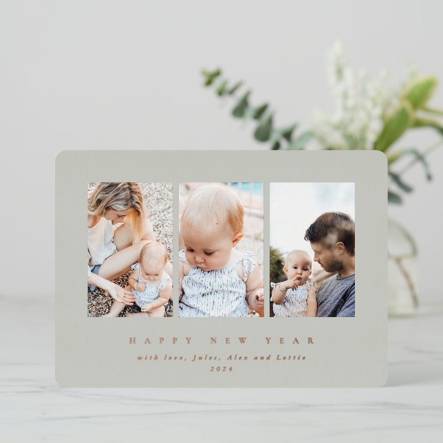 Elegant Sage Green Frame 3 Photo Happy New Year Foil Holiday Card (Standing Front)