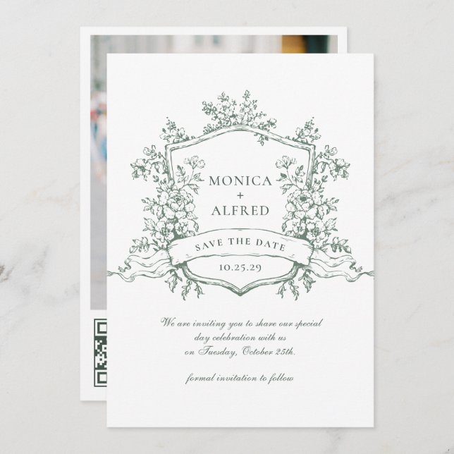 Elegant Sage Green French Garden Wedding QR code Save The Date (Front/Back)