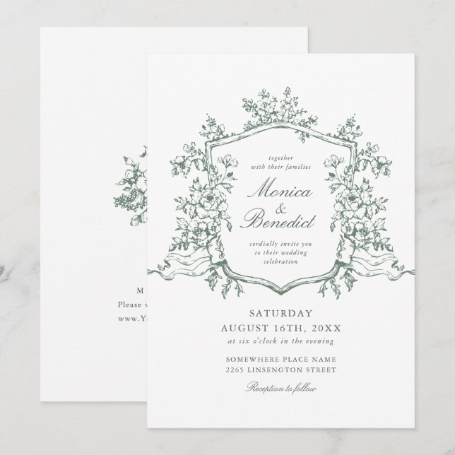 Elegant Sage Green French Roses Garden Wedding Invitation (Front/Back)