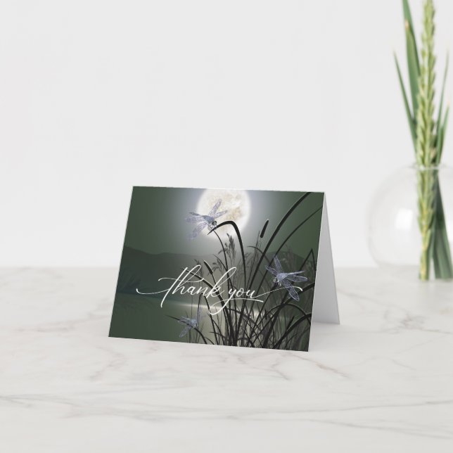 Elegant Sage Green Full Moon Dragonfly Pond Thank You Card (Front)