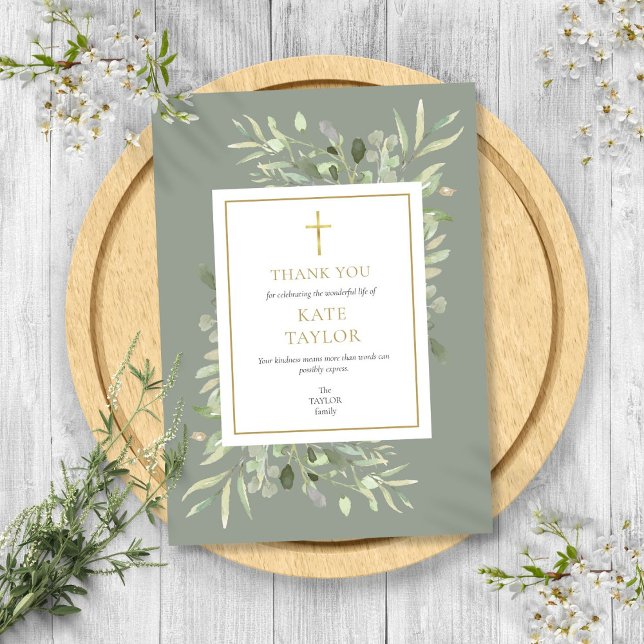 Elegant Sage Green Funeral Memorial Gold Cross Thank You Card (Elegant Sage Green Funeral Memorial Gold Cross Thank You Card)