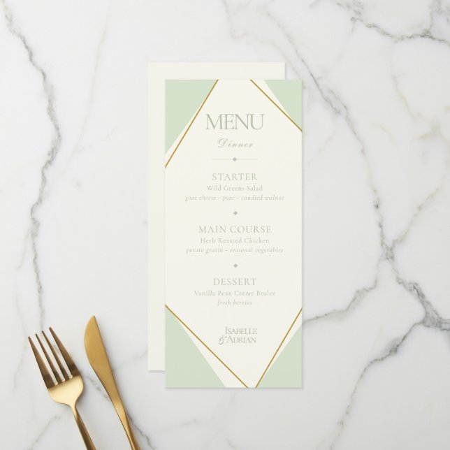 Elegant Sage Green Geometric Wedding Menu (Front/Back In Situ)