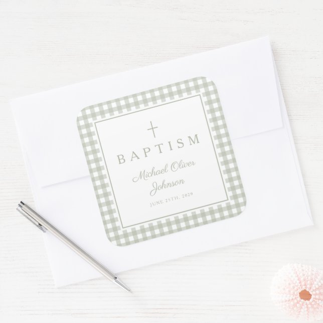 Elegant Sage Green Gingham Boy Baptism Square Sticker (Envelope)