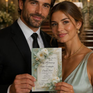 Elegant Sage Green & Gold Christian Wedding Invitation