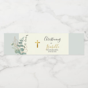 Elegant Sage Green Gold Eucalyptus Christening Water Bottle Label