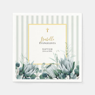 Elegant Sage Green Gold Floral Baptism Napkin