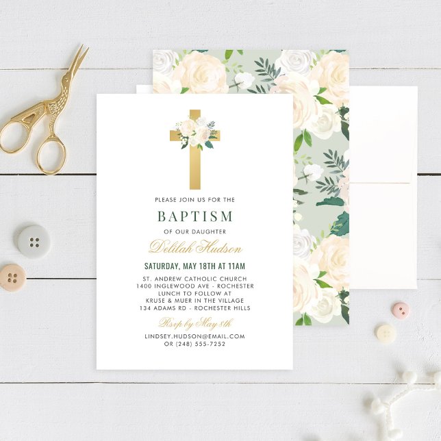 Elegant Sage Green Gold Floral Cross Baptism Invitation (Creator Uploaded)