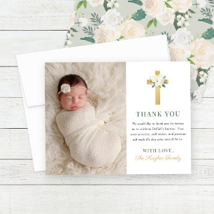 Elegant Sage Green Gold Floral Cross Baptism Thank You Card