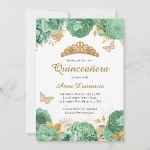 Elegant Sage Green Gold Floral Quinceanera Invitation