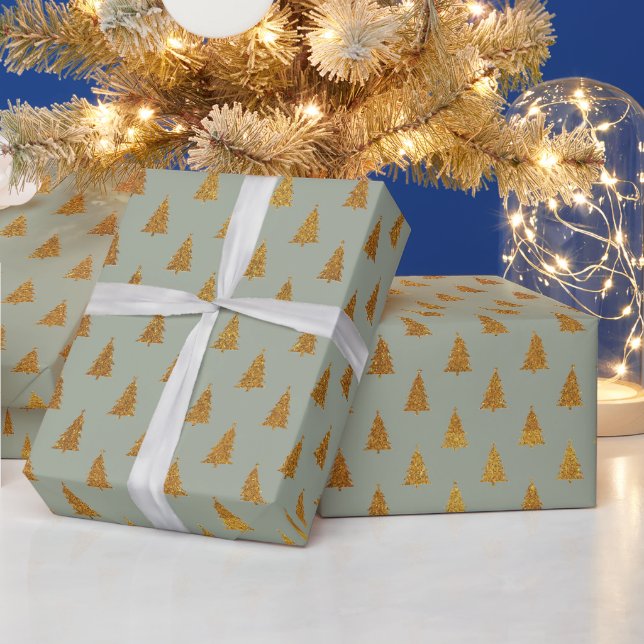 Elegant sage green gold glitter Christmas trees Wrapping Paper (Holidays)
