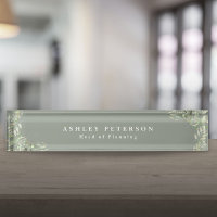 Elegant Sage Green Gold Greenery Desk Name Plate