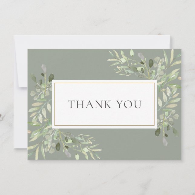 Elegant Sage Green Gold Greenery Foliage Thank You Card (Front)