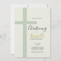 Elegant Sage Green Gold Minimal Cross Christening