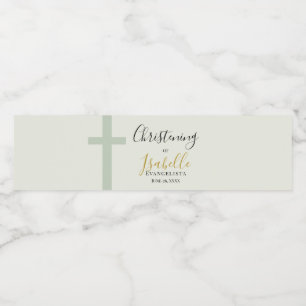 Elegant Sage Green Gold Minimal Cross Christening Water Bottle Label