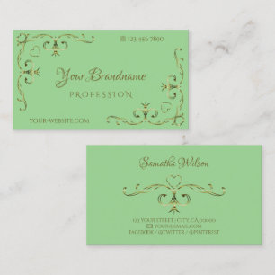 Elegant Sage Green Gold Ornate Corners Ornamental Business Card