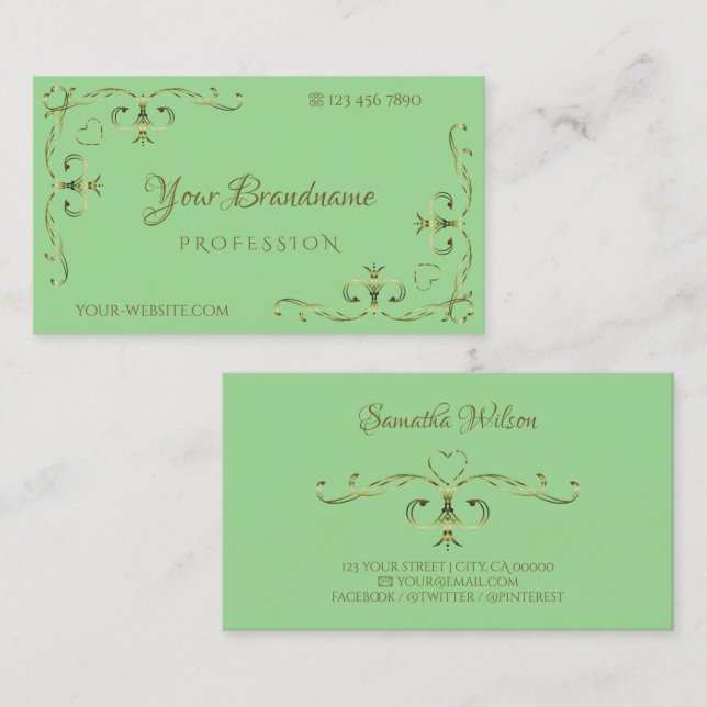 Elegant Sage Green Gold Ornate Corners Ornamental Business Card (Front/Back)