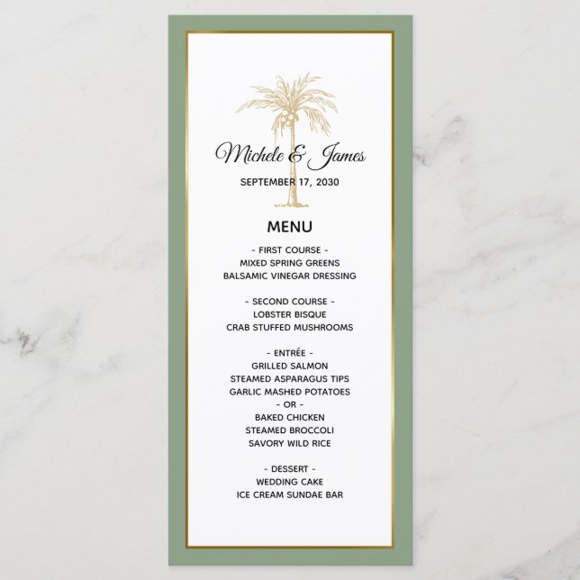 Elegant Sage Green Gold Palm Tree Wedding Menu (Front)