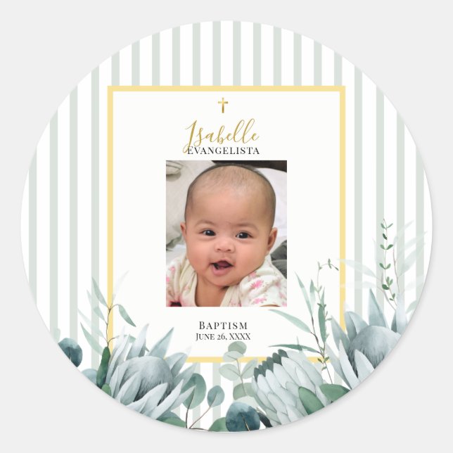 Elegant Sage Green Gold Photo Baptism Classic Round Sticker (Front)