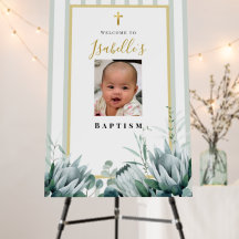 Elegant Sage Green Gold Photo Baptism Welcome Sign