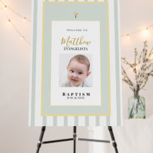 Elegant Sage Green Gold Photo Baptism Welcome Sign