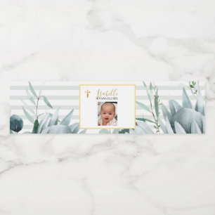 Elegant Sage Green Gold Photo Christening Water Bottle Label