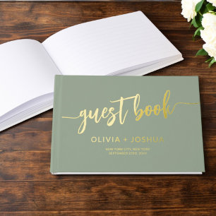 Elegant Sage Green Gold Photo Minimalist Guest Book