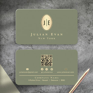 Elegant Sage Green & Gold Shiny Oval Monogram Business Card