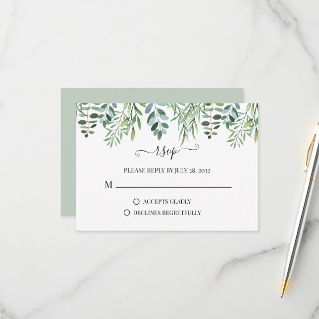 Elegant Sage Green Greenery Eucalyptus Wedding RSV RSVP Card (Front/Back In Situ)