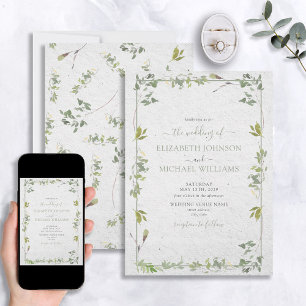 Elegant Sage Green Greenery Watercolor Wedding Invitation