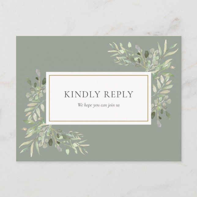 Elegant Sage Green Greenery Wedding RSVP Invitation Postcard (Front)