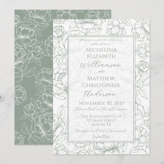 Elegant Sage Green Hand-Drawn Floral Wedding  Invi Invitation (Front/Back)