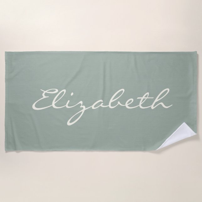 Elegant Sage Green Handwritten Script Name    Beach Towel (Front)