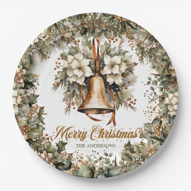 Elegant sage green holly faux gold Christmas bells Paper Plate (Front)