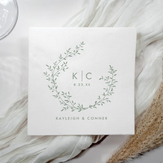 Elegant Sage Green Initials Botanical Wedding Napkin (Sage green wedding napkins with botanical wreath, initials, and names in elegant classic style.)