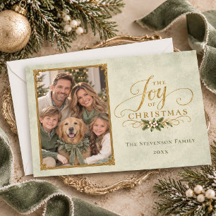 Elegant Sage Green Joy Christmas Family Photo Holiday Card