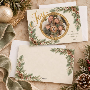 Elegant Sage Green Joy Christmas Family Photo Holiday Card