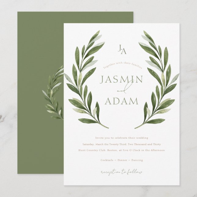 Elegant Sage Green Laurel Wreath Wedding Invitation (Front/Back)
