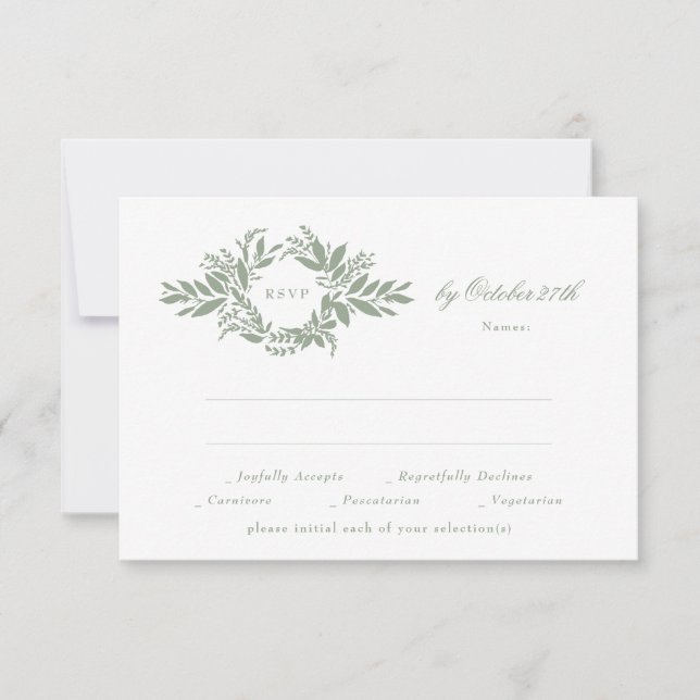 elegant sage green leafy wreath classic wedding RSVP card (Front)