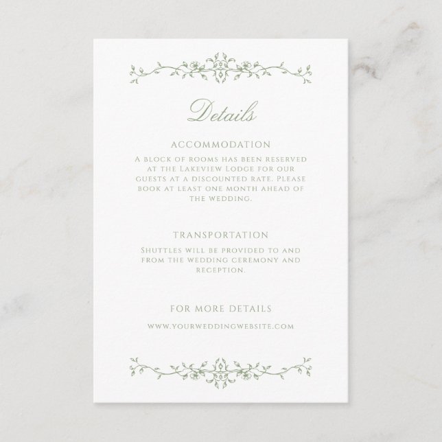 Elegant Sage Green Line Art Wedding Details Enclosure Card (Front)