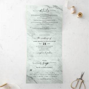 Elegant Sage Green Marble with Foil Wedding Tri-Fold Invitation