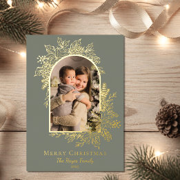 Elegant Sage Green Merry Christmas Photo Foil Holiday Card