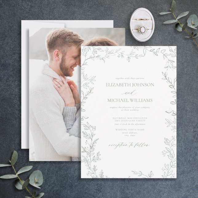Elegant Sage Green Minimal Leaf Photo Wedding Invitation (Creator Uploaded)